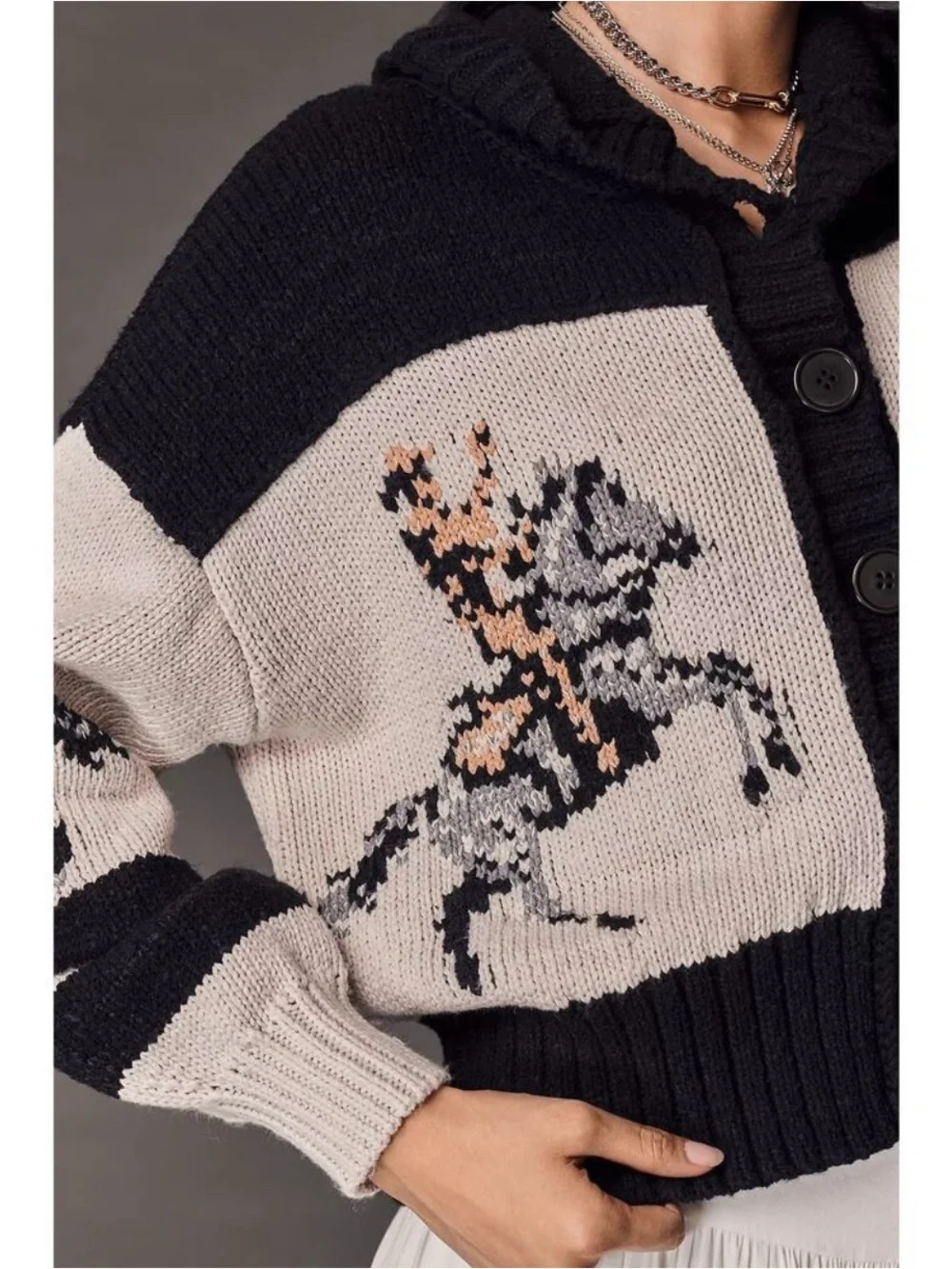 NWT Anthropologie Pilcro Horse Graphic Chunky Knit Cardigan Sweater Size Medium
